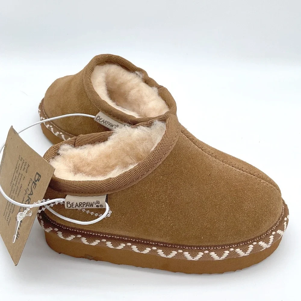Bearpaw Toddler Hickory Brown Suede Wool Lined Slippers Embroidered Trim Size 6